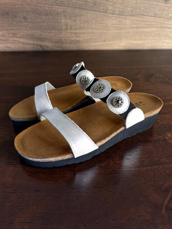 Naot Shoes - Naot Marissa Silver Gray Sandals Cork Wedge Rhinestone Circles EU 39 US 8